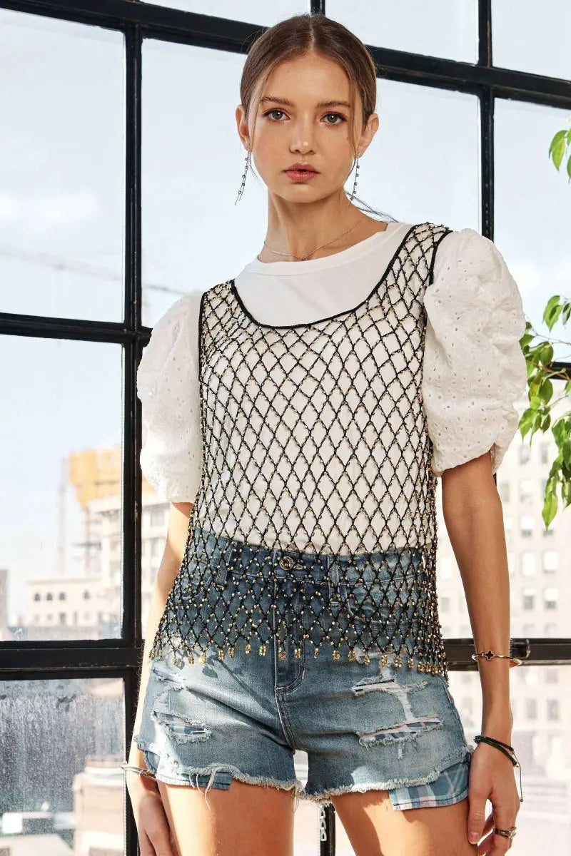 ADORA Beads Accent Fishnet Tank Top for Bold Fashion Style - Love Salve